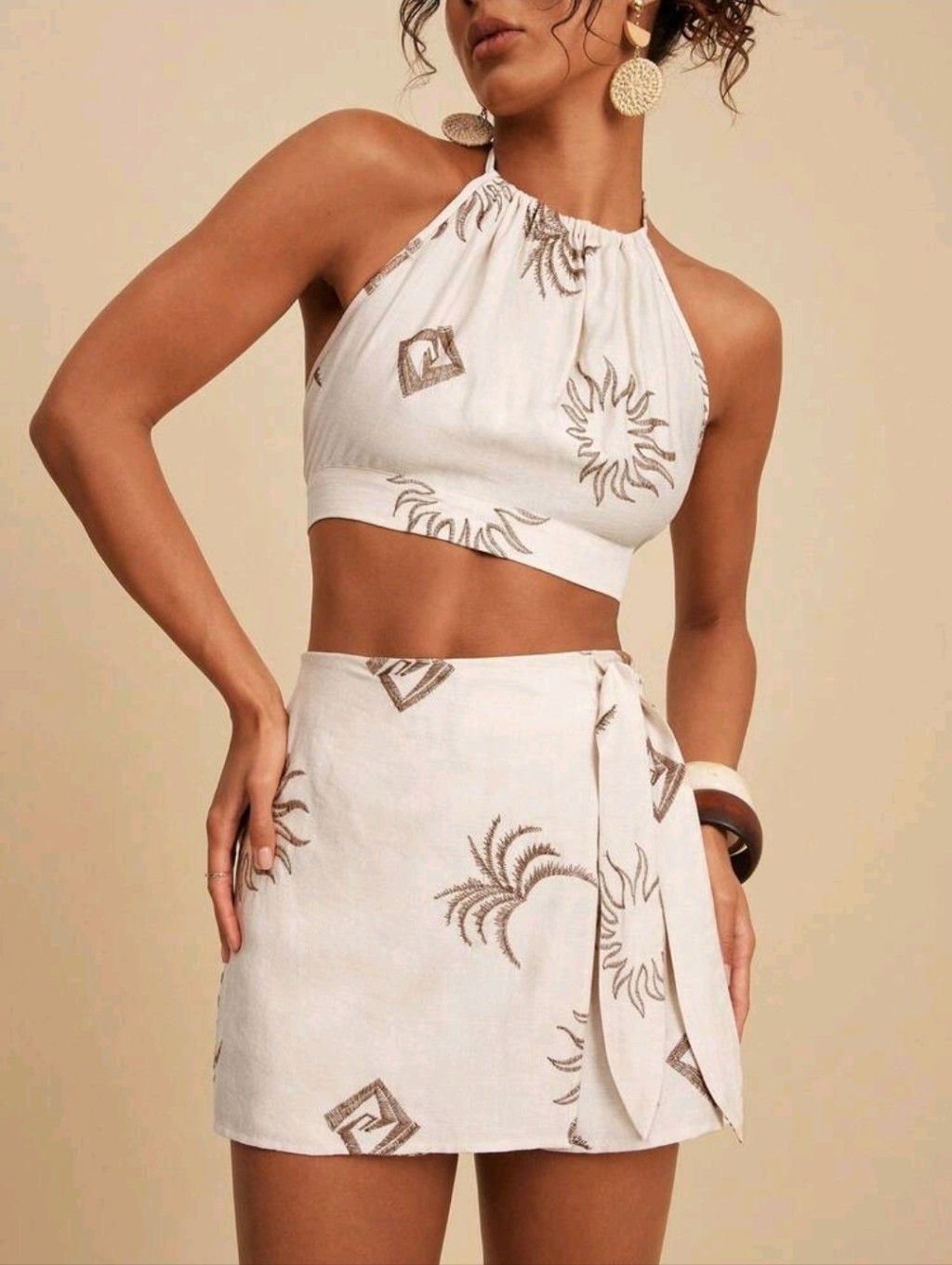 Travachic Women Embroidered Halter Neck Camisole And Mini Skirt 2 Pieces Set